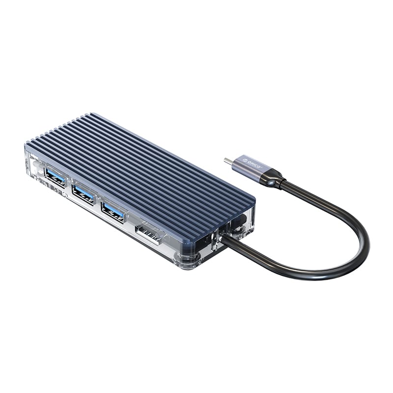 ORICO 8 Port 3 x USB3.0|1 x RJ45|1 x HDMI|1 x Type-C(PD 20V)|1 x TF/SD Transparent Hub – Grey